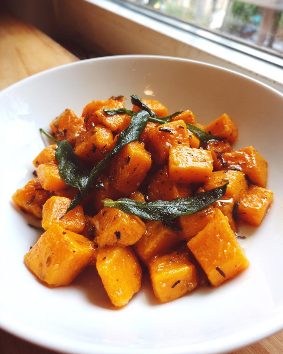 Close-up of cubed, roasted butternut squash tossed in brown butter sauce and topped with crispy sage leaves for Brown Butter Sage Butternut Squash Pasta.