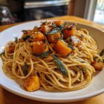 A close-up of Brown Butter Sage Butternut Squash Pasta featuring spaghetti tossed in sauce, topped with roasted squash cubes and crispy sage leaves.