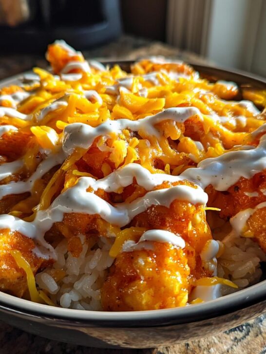 Close-up of a Buffalo Chicken Bowl featuring orange-glazed chicken pieces over rice, topped with shredded cheddar cheese and a drizzle of ranch dressing.