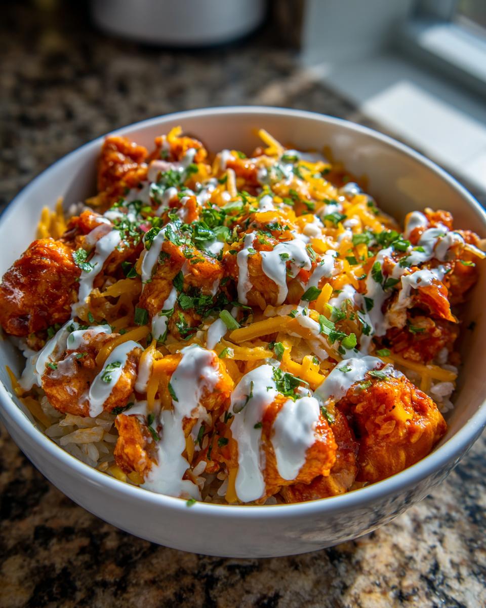 A close-up of a Buffalo Chicken Bowl featuring rice, orange sauced chicken, shredded cheese, and a drizzle of white ranch dressing.