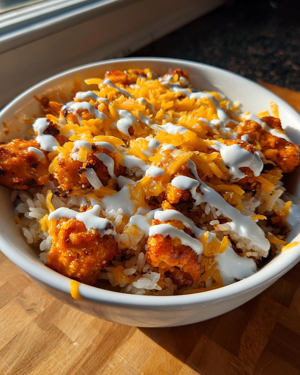 A close-up of a Buffalo Chicken Bowl featuring rice, orange buffalo chicken pieces, shredded cheddar cheese, and a drizzle of white ranch dressing.