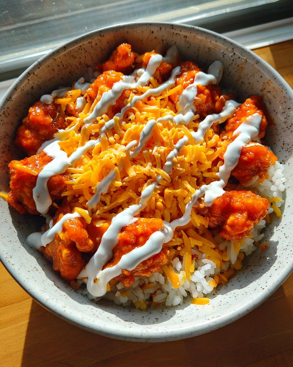 A close-up overhead shot of a Buffalo Chicken Bowl featuring rice topped with orange buffalo chicken pieces, shredded cheddar cheese, and a drizzle of white ranch dressing.