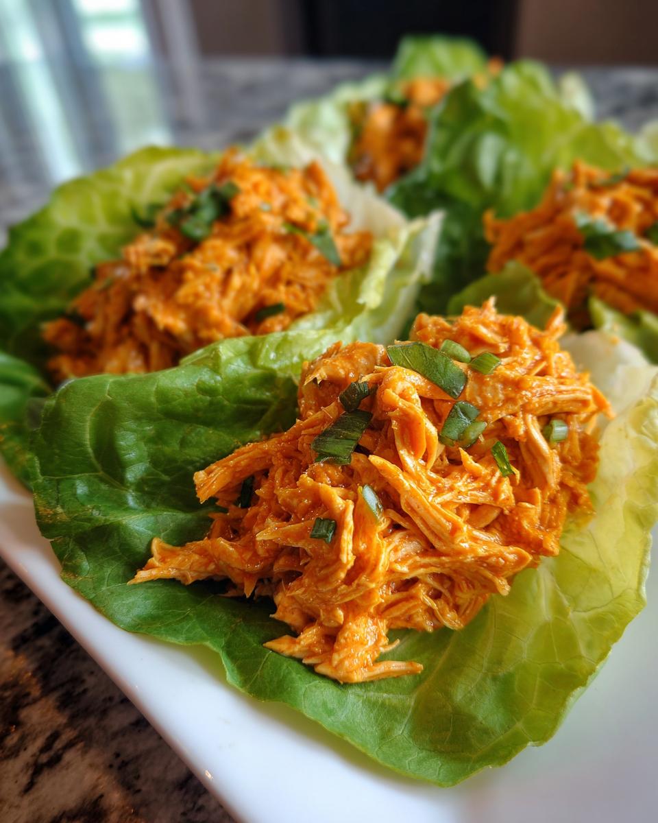 Close-up of shredded Buffalo Chicken Lettuce Wraps filling topped with green onions on crisp lettuce cups.