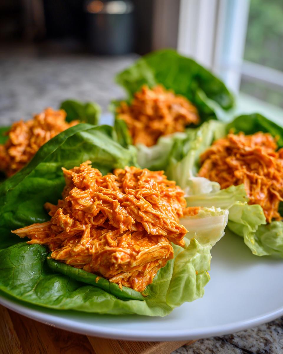 Four servings of Buffalo Chicken Lettuce Wraps featuring shredded orange buffalo chicken filling nestled in crisp green lettuce cups.