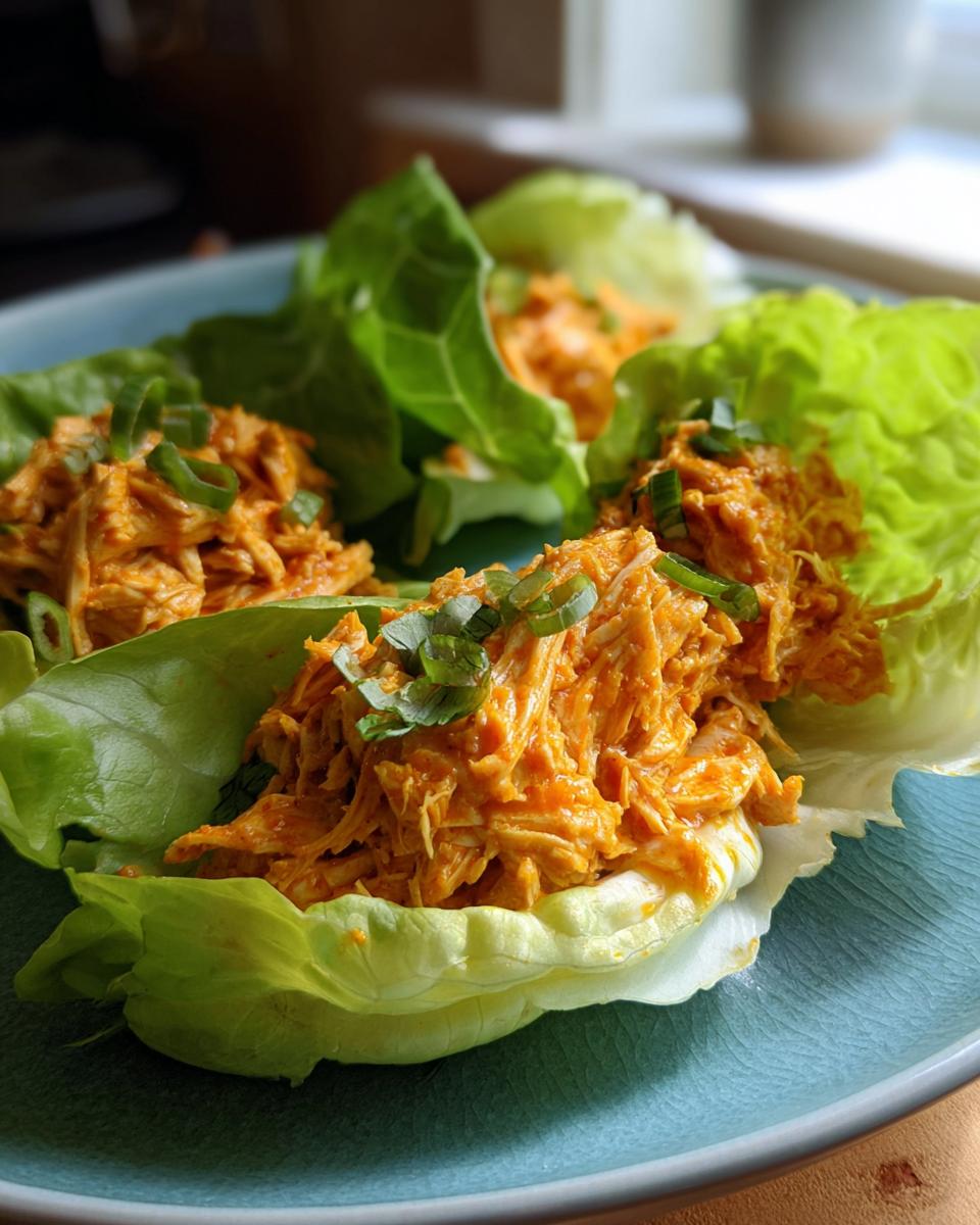 Three servings of Buffalo Chicken Lettuce Wraps filled with shredded orange chicken and topped with green onions on a blue plate.
