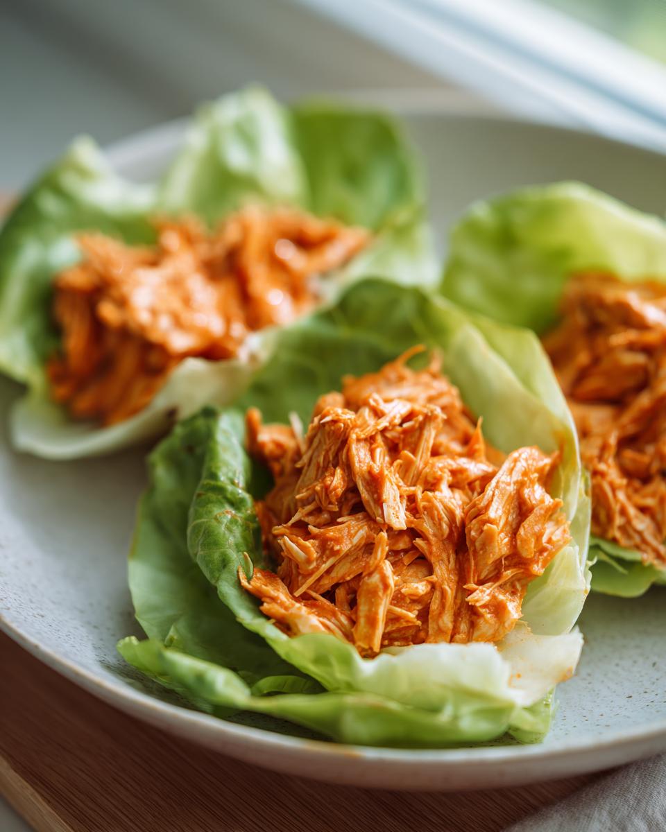 Three servings of Buffalo Chicken Lettuce Wraps featuring shredded chicken coated in orange sauce nestled in crisp lettuce cups.