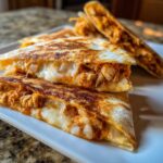 Close-up of stacked Buffalo Chicken Quesadillas showing melted white cheese and shredded orange buffalo chicken filling.