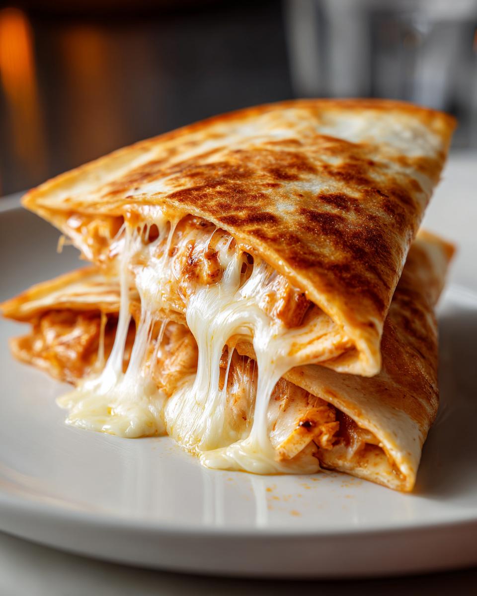 Close-up of stacked Buffalo Chicken Quesadillas with extreme cheese pull showing melted mozzarella.