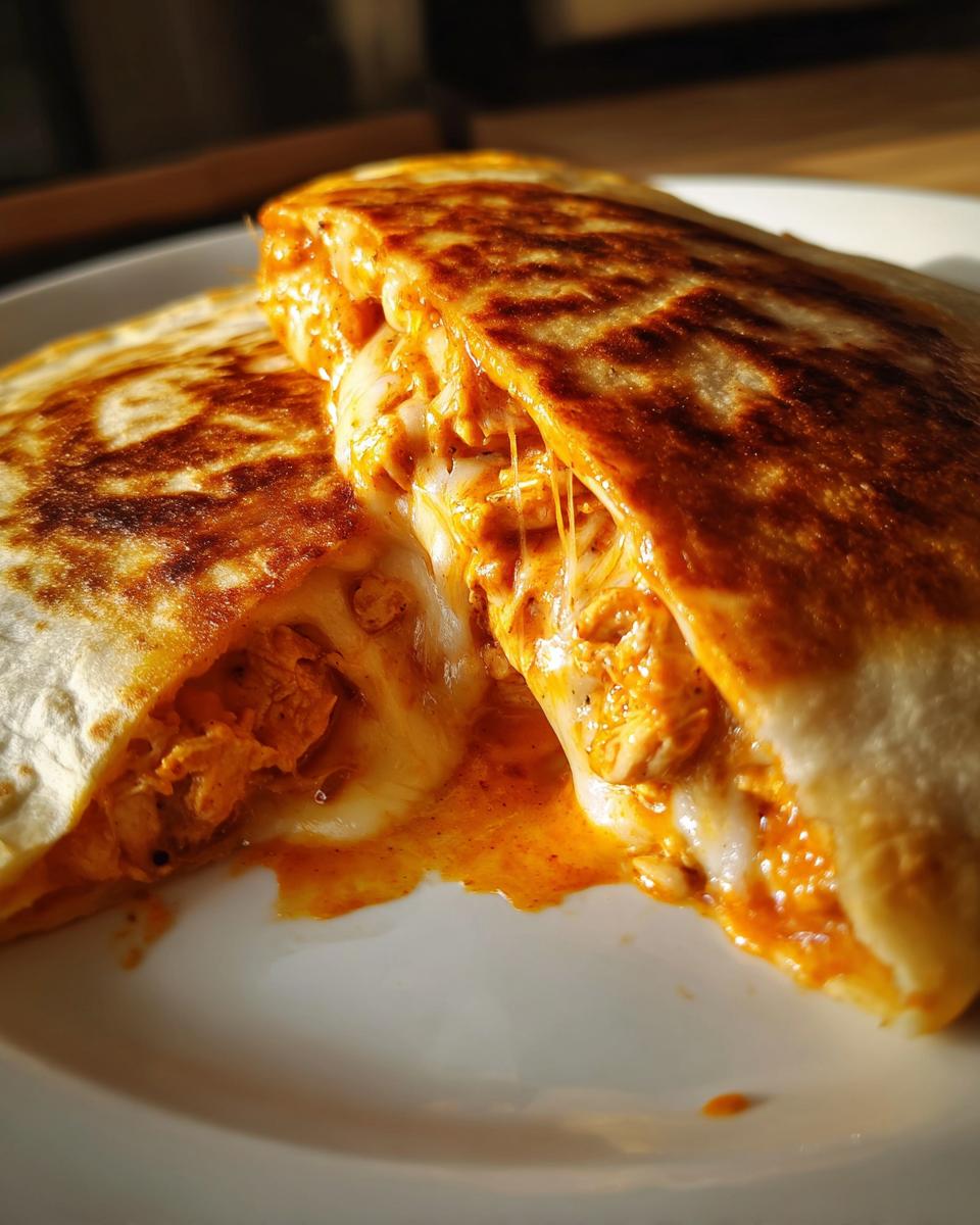 Close-up of Buffalo Chicken Quesadillas cut open, showing melted cheese and spicy filling.