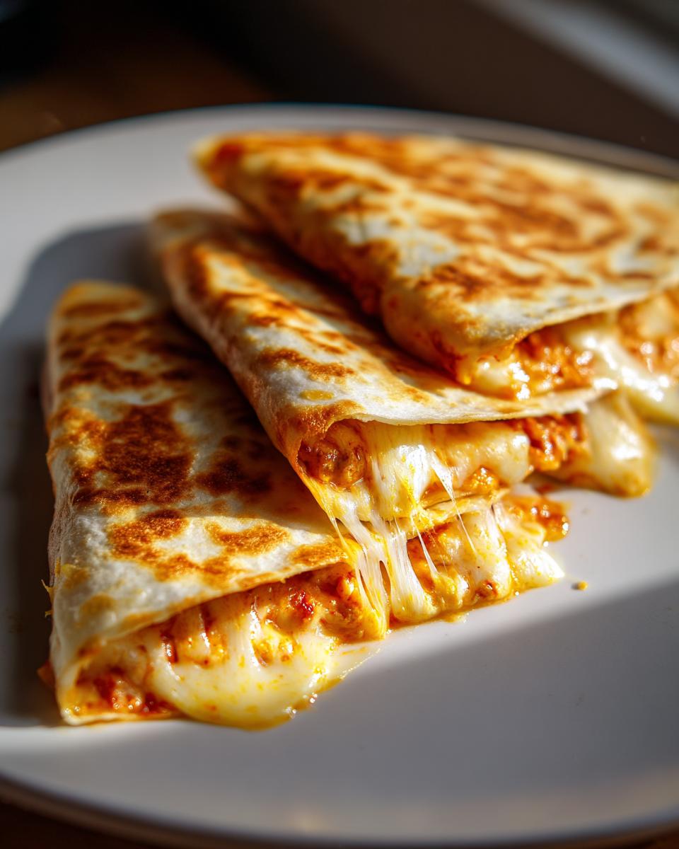 Close-up of three folded Buffalo Chicken Quesadillas slices showing melted, stringy cheese pull.