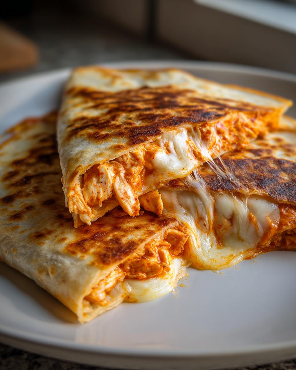 Close-up of Buffalo Chicken Quesadillas showing shredded chicken and melted cheese stretching out.