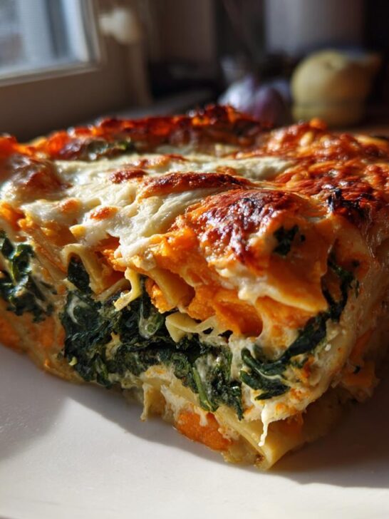 A thick slice of Butternut Squash and Kale Lasagna showing layers of orange squash, green kale, and melted cheese topping.