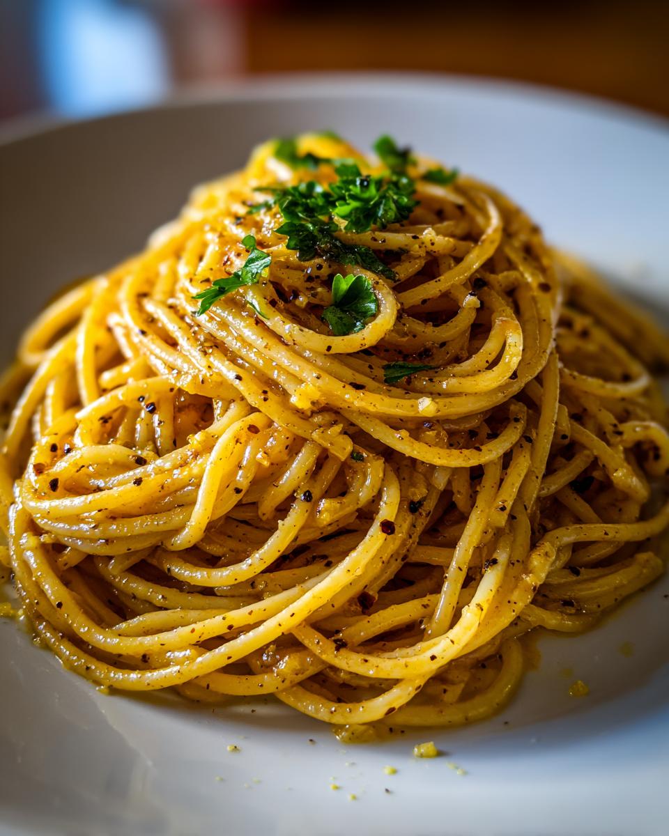 A close-up, appetizing shot of Buttery Garlic Noodles tossed in a rich sauce and topped with fresh parsley.