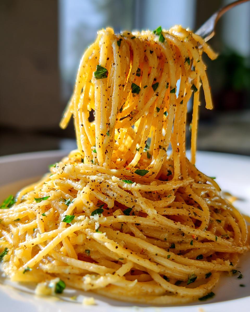 A fork lifting a generous portion of glossy Buttery Garlic Noodles, seasoned with black pepper and parsley.