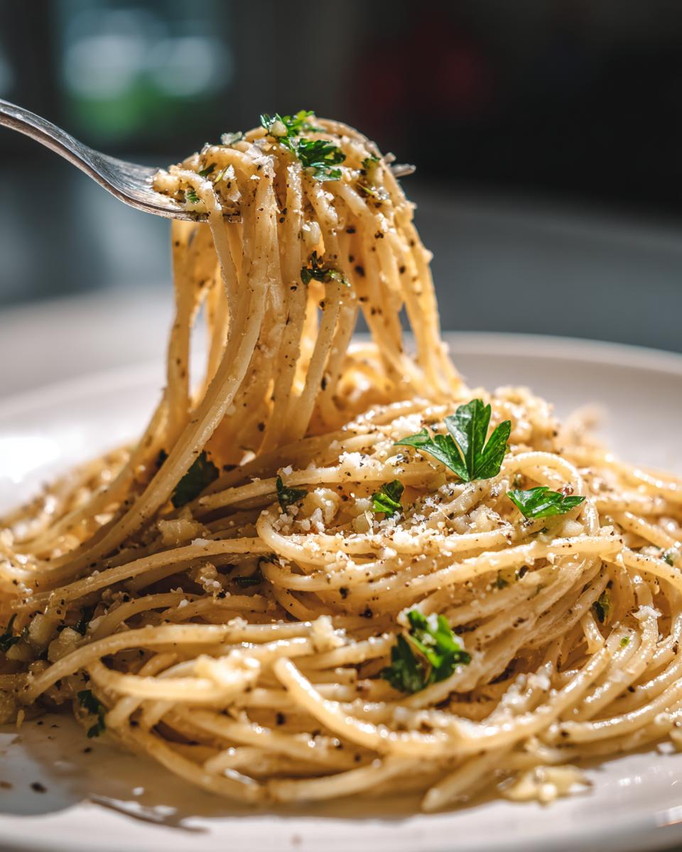 Close-up of a fork lifting strands of Buttery Garlic Noodles coated in sauce, cheese, and parsley.