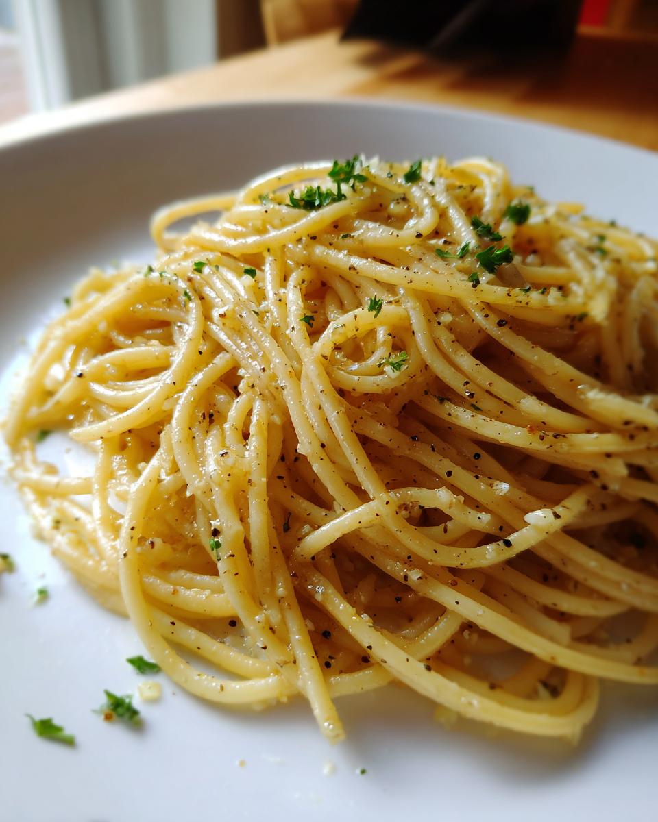 Close-up of a mound of Buttery Garlic Noodles coated in sauce, pepper, and topped with fresh parsley on a white plate.