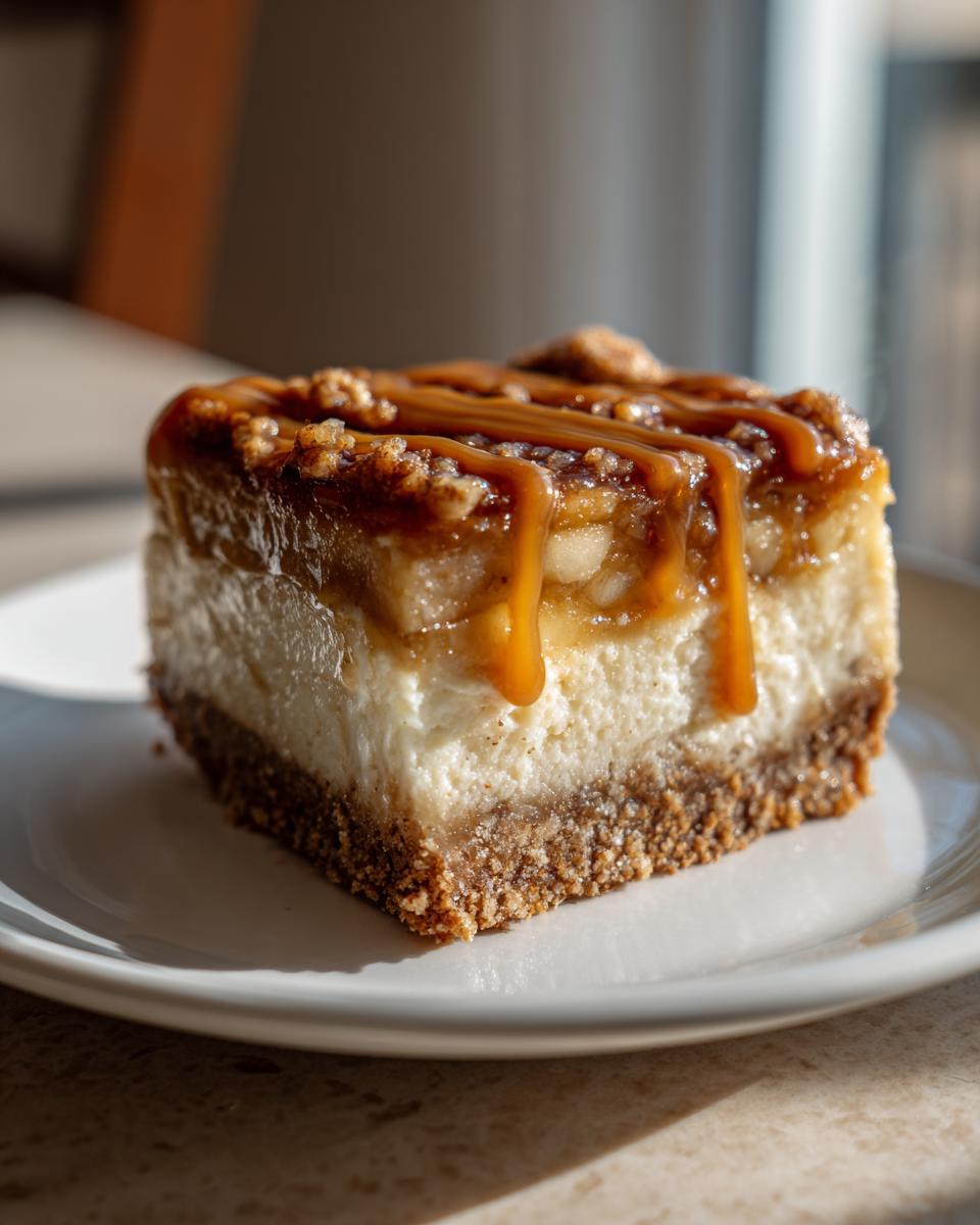 A close-up of a thick slice of Caramel Apple Cheesecake Bars with a graham cracker crust, creamy filling, and caramel drizzle.