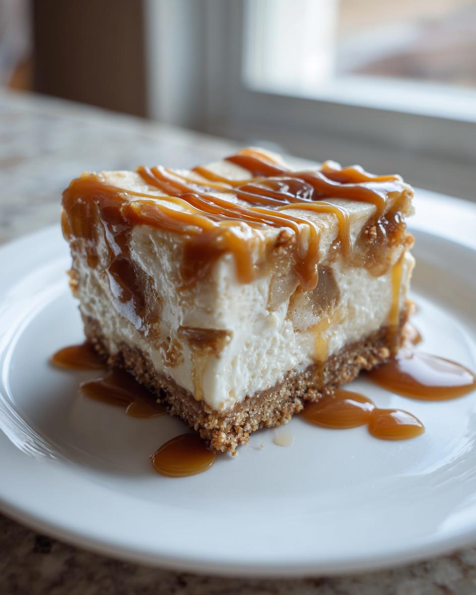 A square slice of Caramel Apple Cheesecake Bars with a graham cracker crust, topped with creamy filling and drizzled generously with caramel sauce.