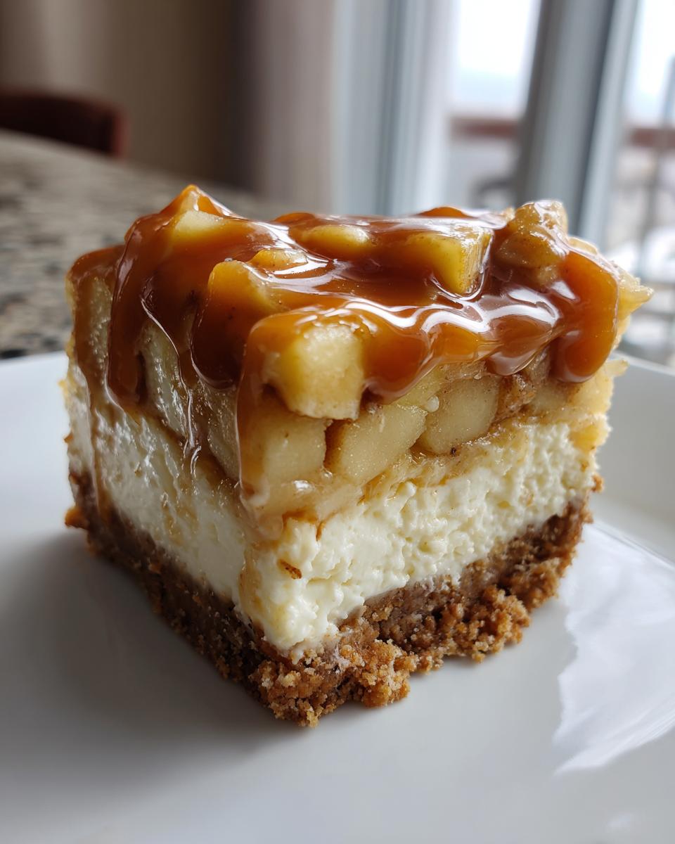 A thick slice of Caramel Apple Cheesecake Bars showing a graham cracker crust, creamy cheesecake layer, and apple topping with caramel sauce.