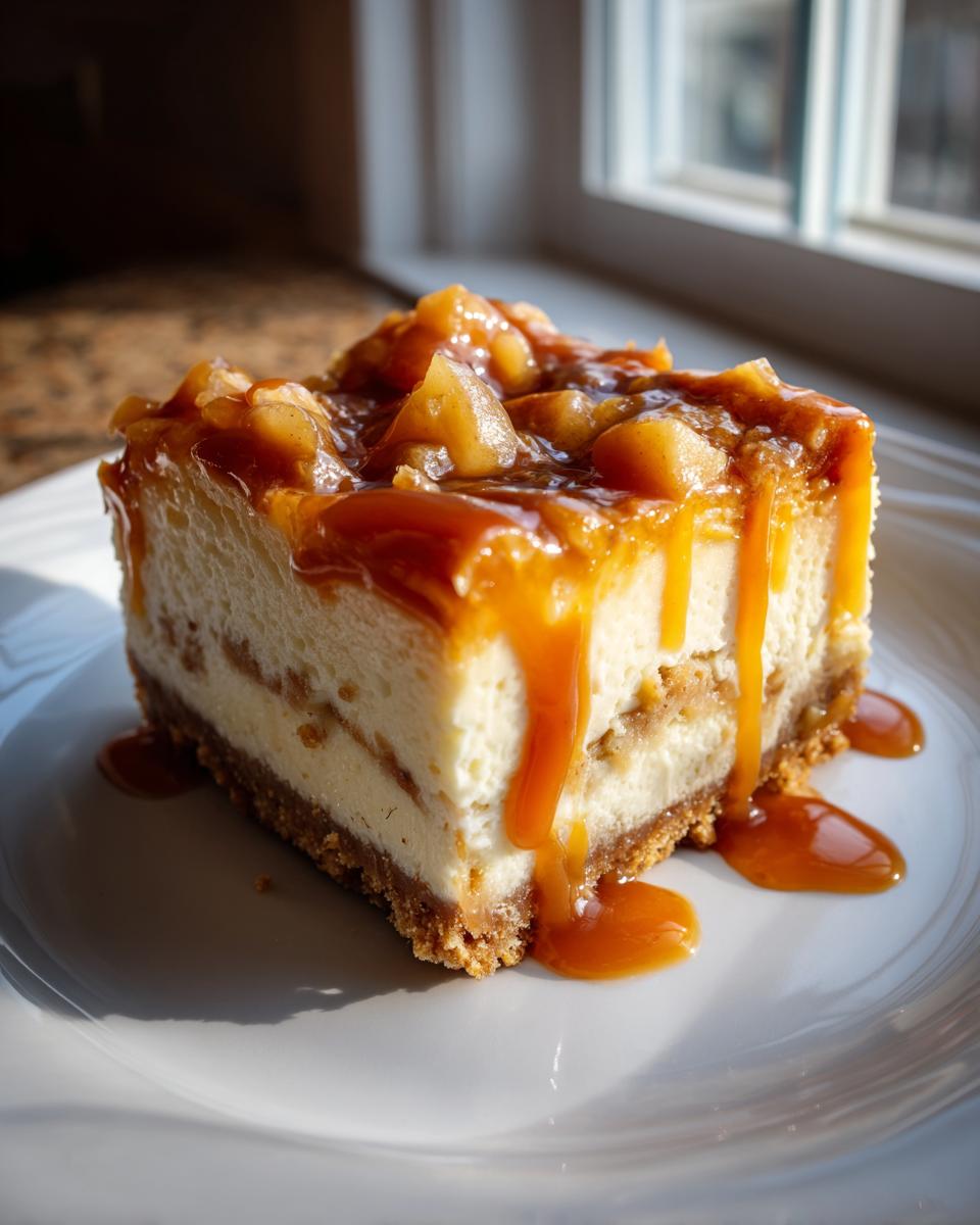 A single serving of Caramel Apple Cheesecake Bars with thick caramel sauce dripping down the sides.
