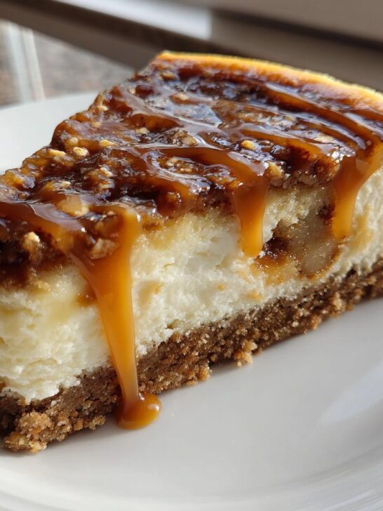A thick slice of Caramel Apple Cheesecake Bars on a white plate, topped with nuts and rich caramel sauce.