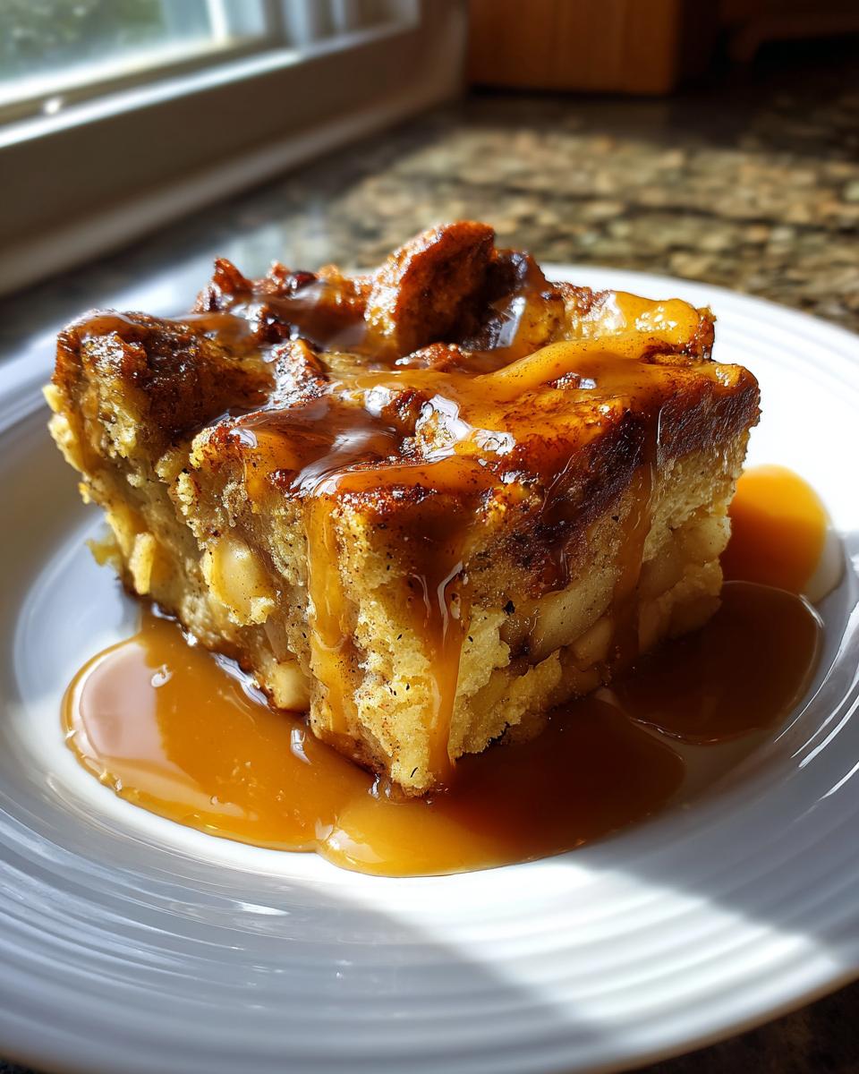 A square serving of Caramel Apple Stuffed French Toast Casserole drenched in thick caramel sauce on a white plate.