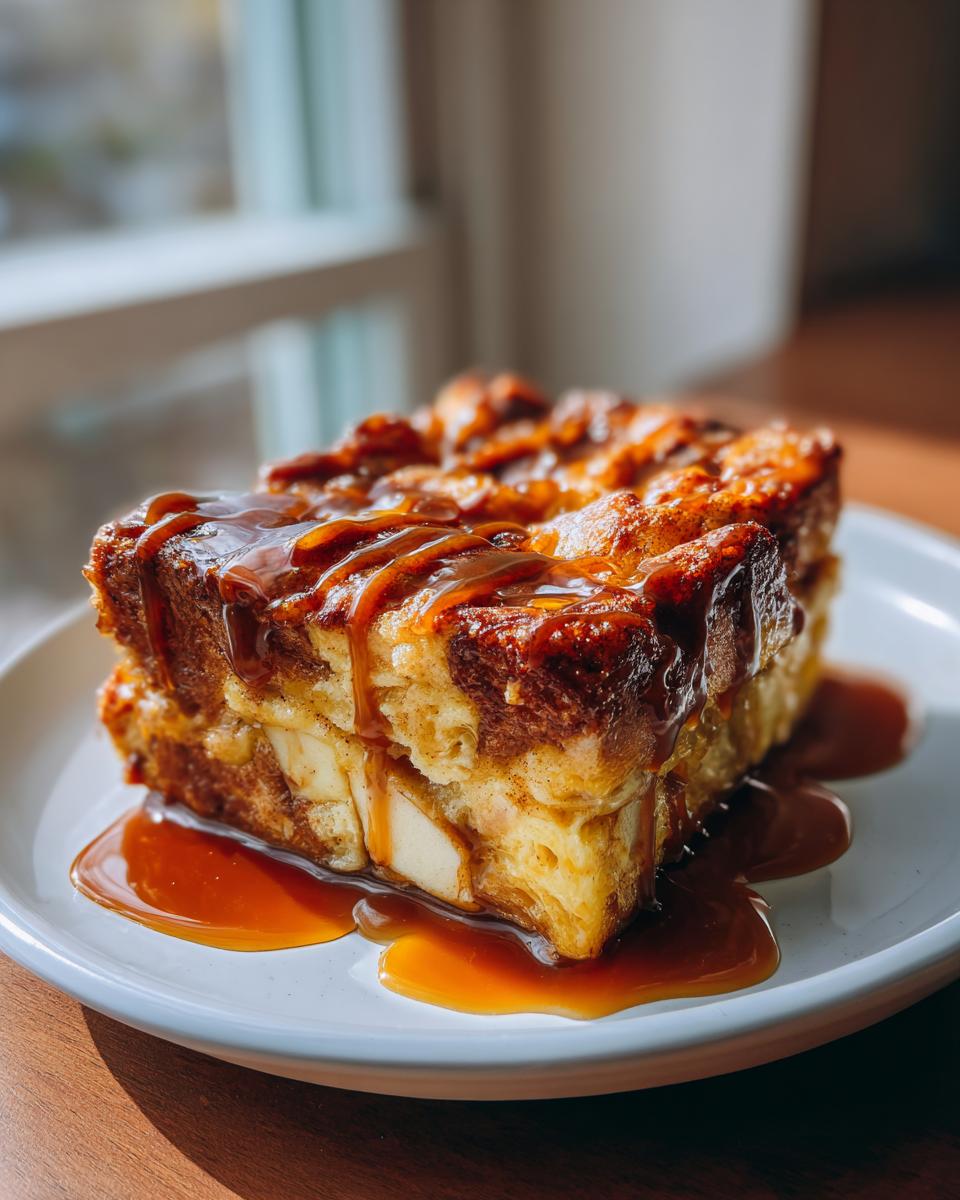 A thick slice of Caramel Apple Stuffed French Toast Casserole drizzled heavily with caramel sauce on a white plate.