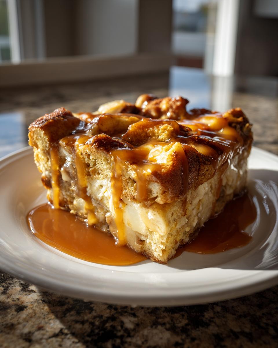 A decadent slice of Caramel Apple Stuffed French Toast Casserole drizzled heavily with caramel sauce.