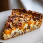 A close-up slice of Caramelized Onion Butternut Squash Tart showing layers of orange squash, white cheese filling, and caramelized onions.