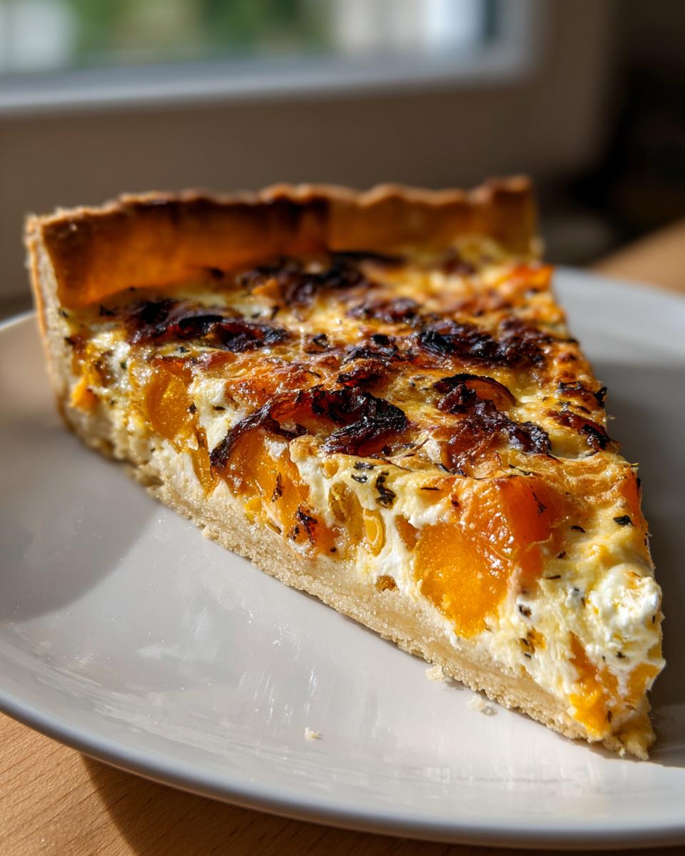 A close-up slice of Caramelized Onion Butternut Squash Tart showing orange squash, creamy filling, and caramelized topping.