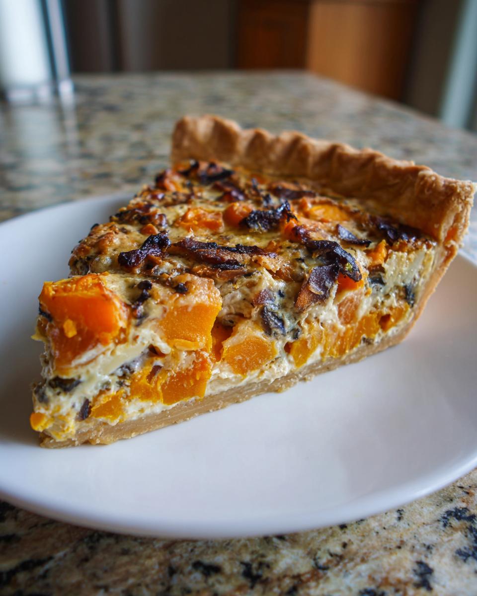 A close-up slice of Caramelized Onion Butternut Squash Tart showing chunks of orange squash and dark caramelized onions in a creamy filling.