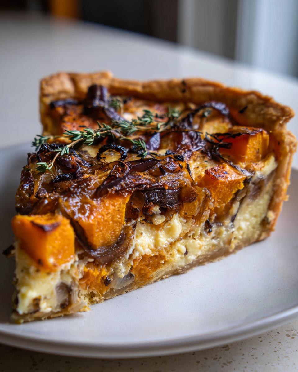 Close-up of a slice of Caramelized Onion Butternut Squash Tart with creamy filling and thyme garnish.
