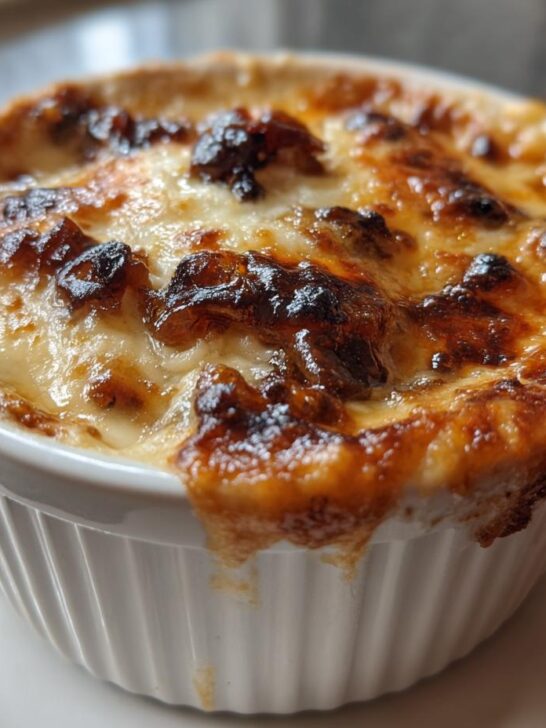 Close-up of hot, bubbly Caramelized Onion And Gruyere Dip baked to a golden brown in a white ramekin.