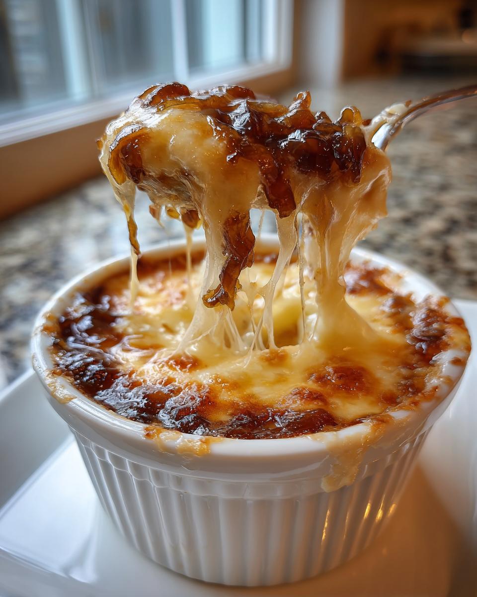 A spoonful of hot Caramelized Onion And Gruyere Dip showing extreme cheese pull and caramelized onions.