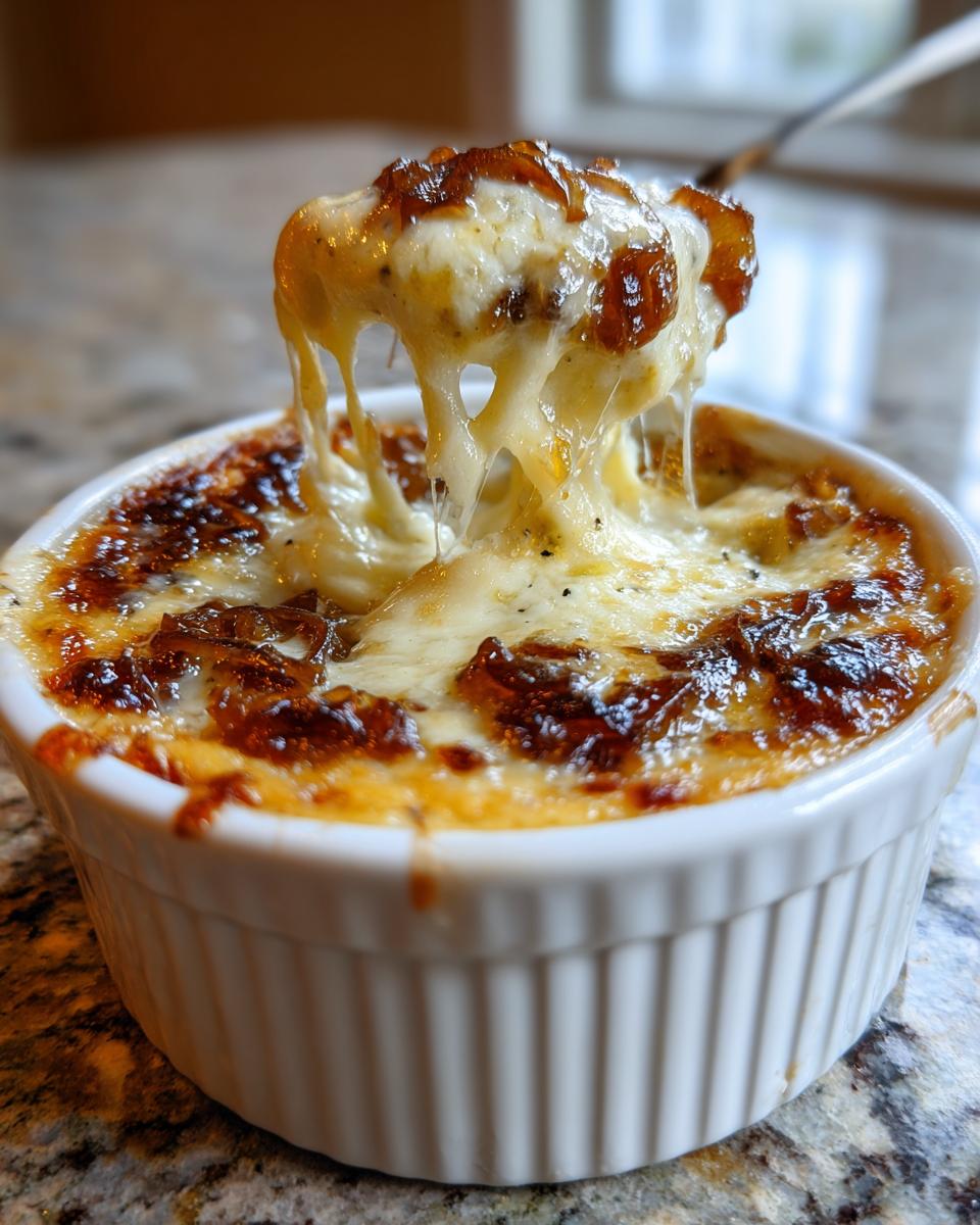 A spoonful of hot, melted Caramelized Onion And Gruyere Dip showing a dramatic cheese pull.