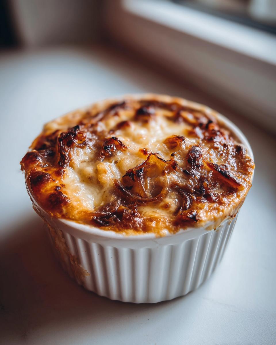 Close-up of a single serving of baked Caramelized Onion And Gruyere Dip with a bubbly, browned cheese top.
