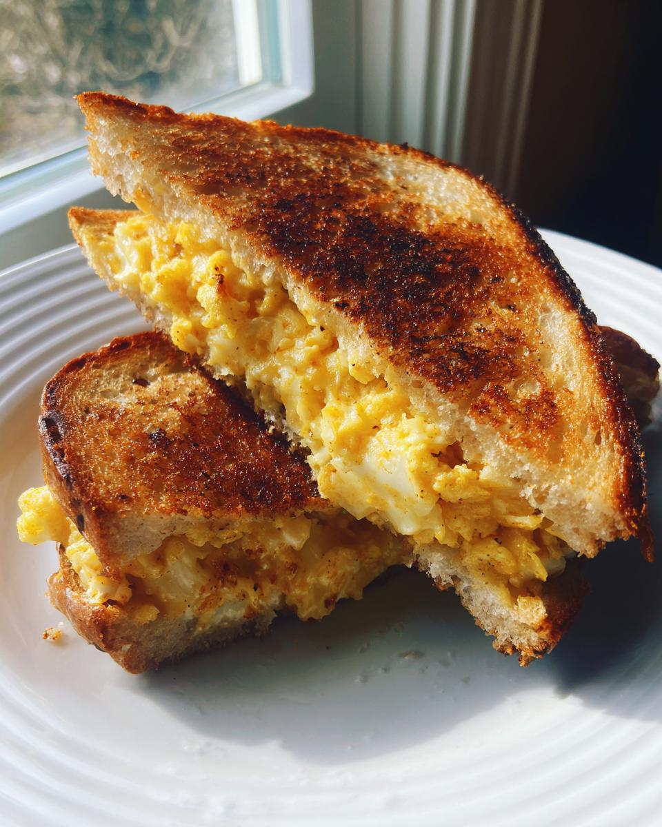 A close-up of a toasted sandwich, cut in half, revealing a creamy, yellow filling, resembling a Cauliflower Grilled Cheese.