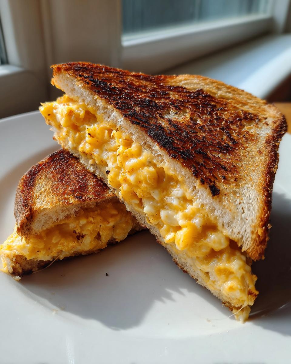 A close-up of a perfectly grilled Cauliflower Grilled Cheese sandwich, cut diagonally, showing the cheesy cauliflower filling.