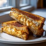 Two halves of a golden brown Cauliflower Grilled Cheese sandwich showing the creamy, orange-tinted cauliflower filling.