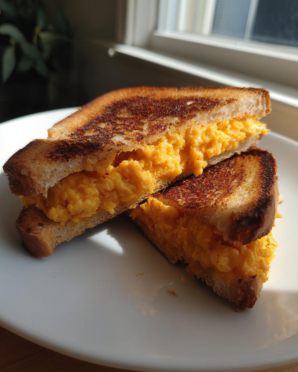 Two halves of a golden brown Cauliflower Grilled Cheese sandwich showing the creamy orange filling, resting on a white plate.