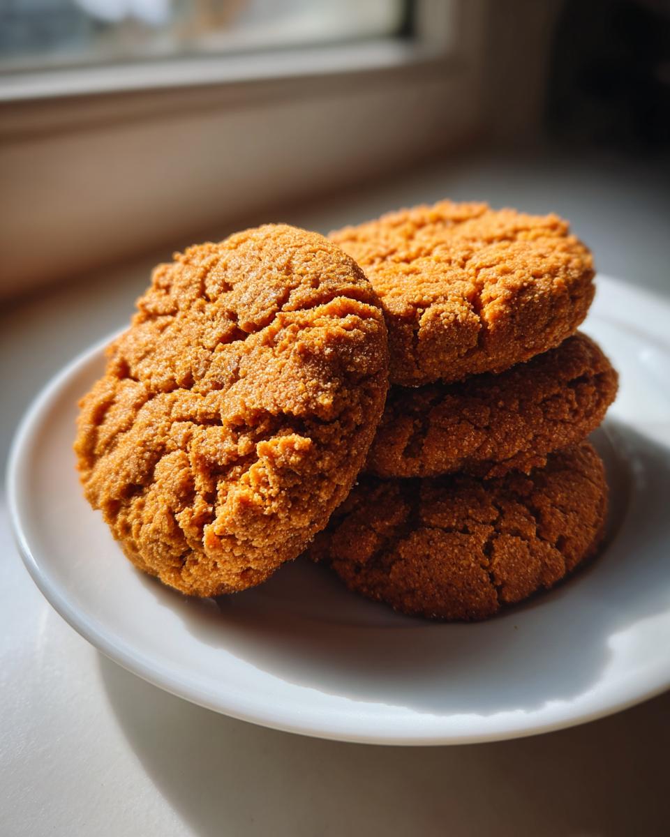 Close-up of four soft Chai Spiced Pumpkin Cookies stacked on a white plate near a window.