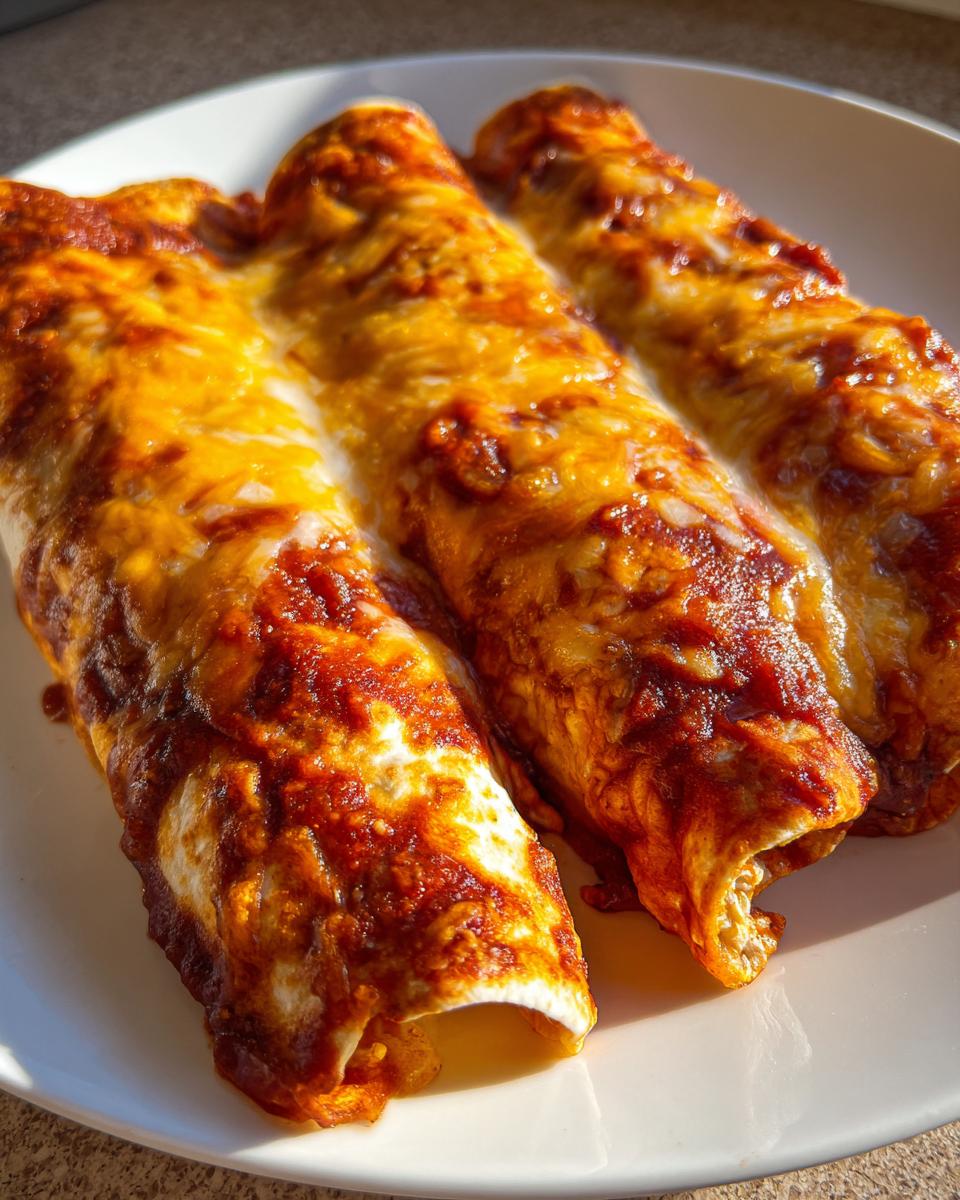 Three freshly cooked cheese enchiladas covered in melted golden cheese and red sauce, ready to eat.