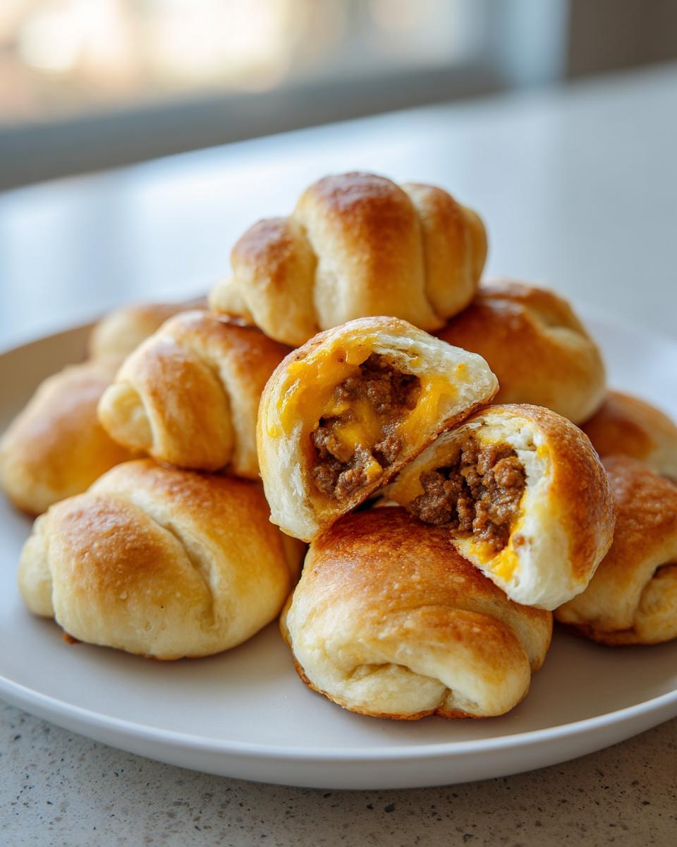 A stack of golden baked Cheeseburger Bomb Bites, one cut open revealing seasoned ground beef and melted cheddar cheese filling.