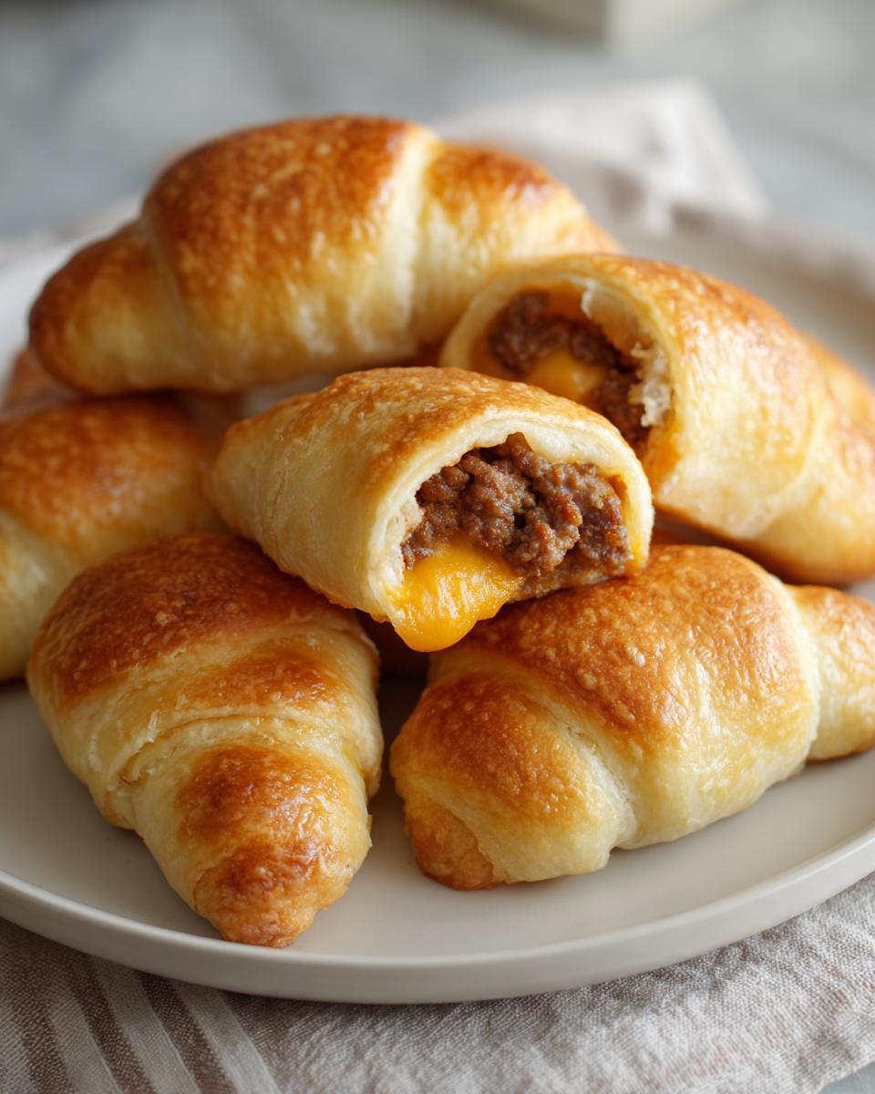 A stack of golden-brown Cheeseburger Bomb Bites, one cut open showing seasoned ground beef and melted cheddar cheese.