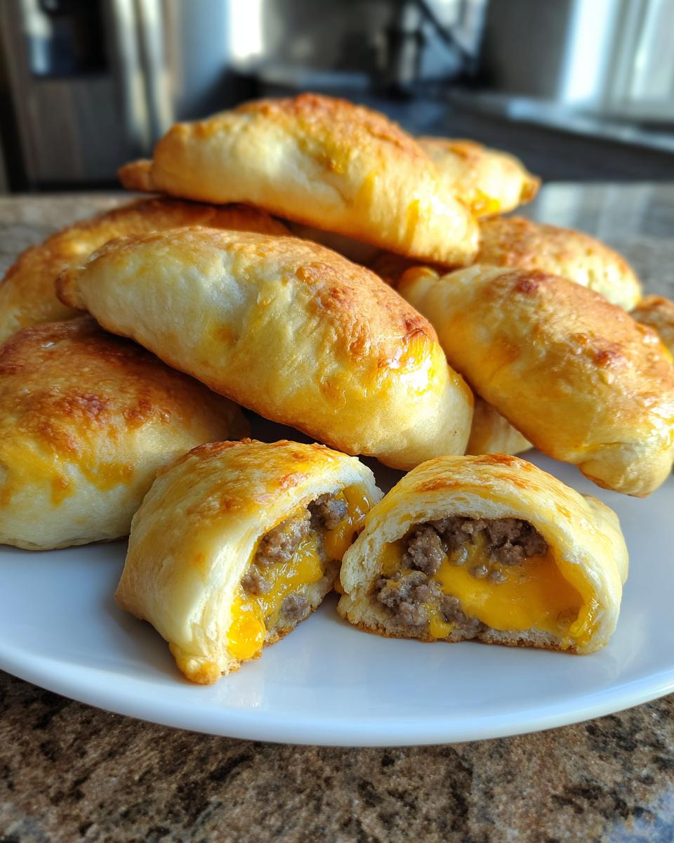 A plate piled high with golden-brown Cheeseburger Bomb Bites, one cut open showing ground beef and melted cheddar cheese.