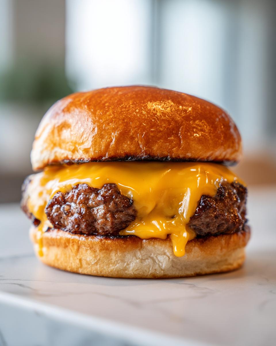 Close-up of a juicy cheeseburger patty with melted American cheese on a brioche bun, cooked using Burgers In A Ninja Foodi Air Fryer.
