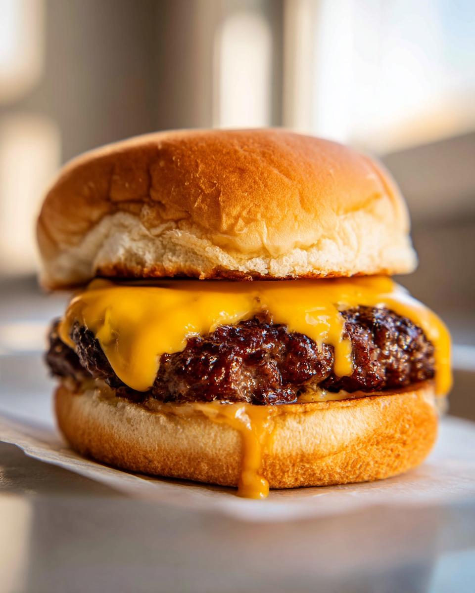 Close-up of a juicy cheeseburger with melted American cheese dripping down the patty, made using Burgers In A Ninja Foodi Air Fryer.