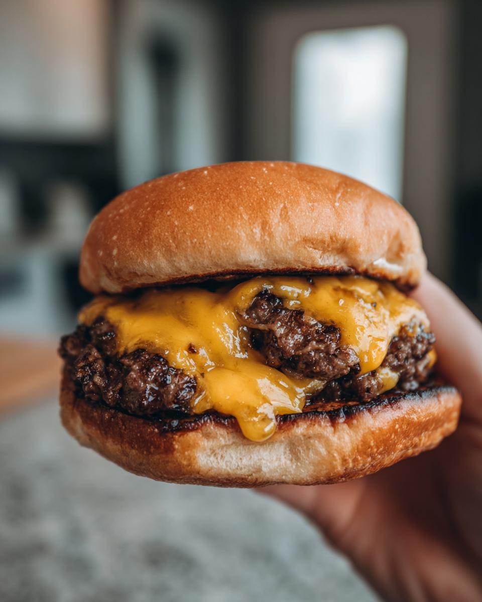 Close-up of a juicy double patty cheeseburger with melted American cheese, made using Burgers In A Ninja Foodi Air Fryer.