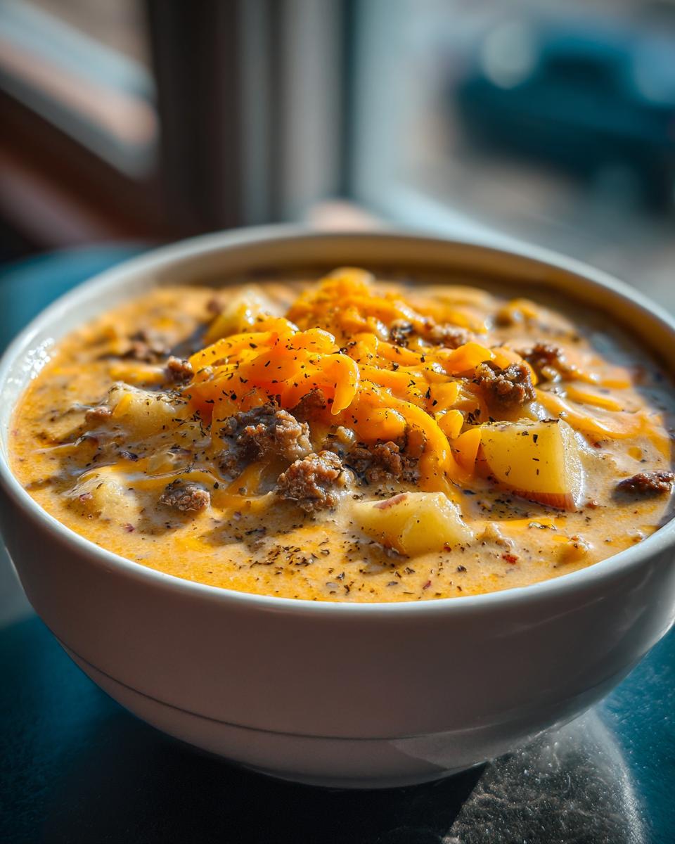 Close-up of a rich, creamy Cheeseburger Soup With Potatoes topped with shredded cheddar and herbs.