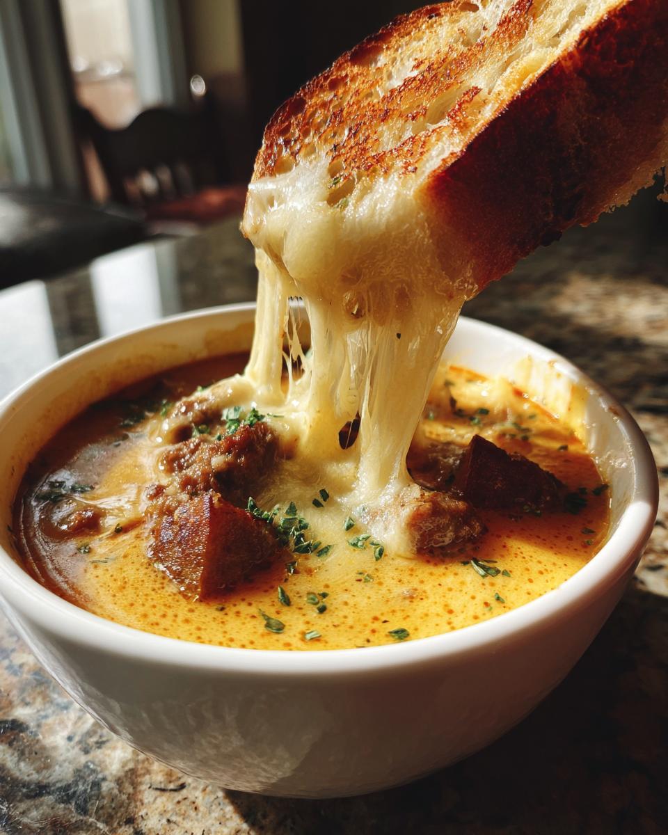 Dipping grilled cheese bread into a bowl of rich Cheeseburger Soup With Potatoes, showing a dramatic cheese pull.
